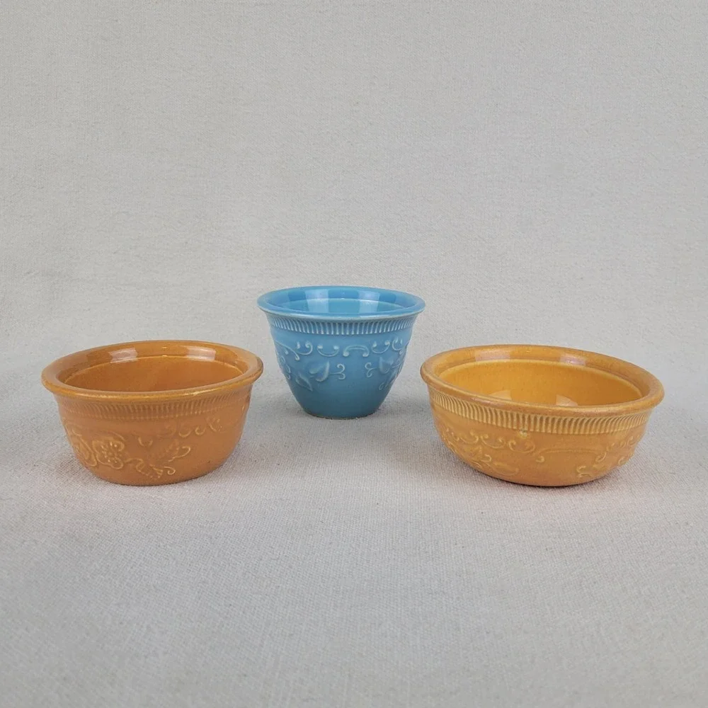Vintage Homer Laughlin Oven Serve Ceramic Ramekin Custard Set Floral Embossed‎